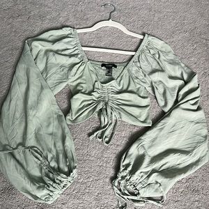 Cinch-Front Balloon Sleeve Crop Top